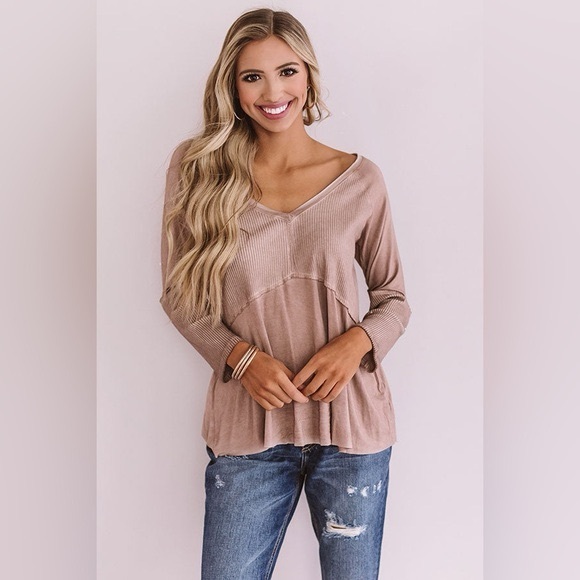 POL Ready For Anything Long Sleeve Babydoll Tunic Top Women’s Small Taupe Ribbed - Picture 2 of 12